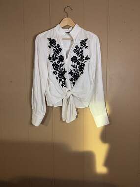 Trend Setters White Long Sleeve Embroidered Tie Front Blouse